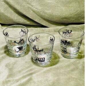 Vintage 1950 Libbey 8oz Antique Carriage & Buggy Design Whiskey Glasses-Set of 3